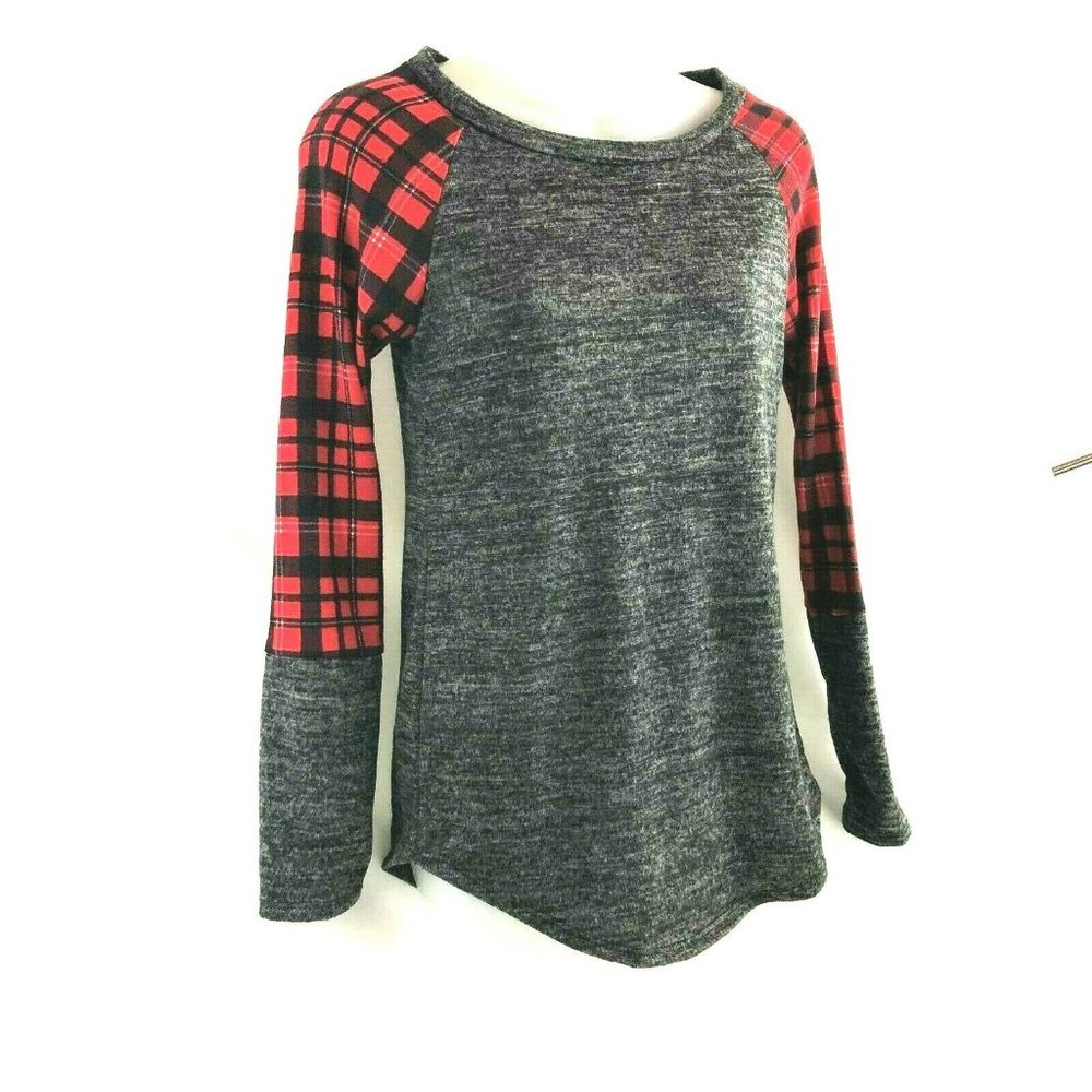 Acting Pro Women's Lightweight Top Small Gray Pullover Long Sleeve Red Plaid